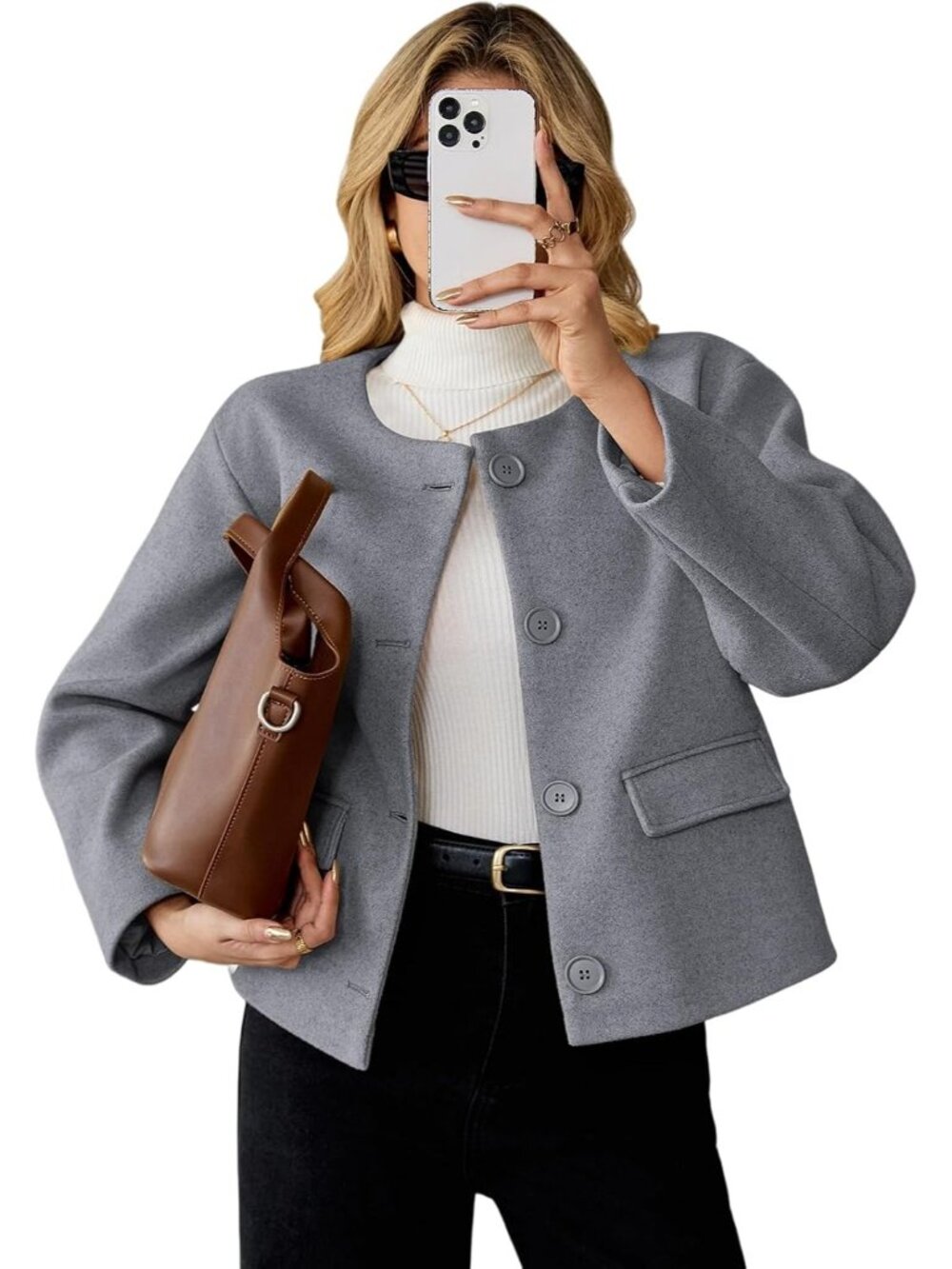 Women's Light Grey Wool Blend Cropped Collarless Long Sleeve Short Pea Overcoat